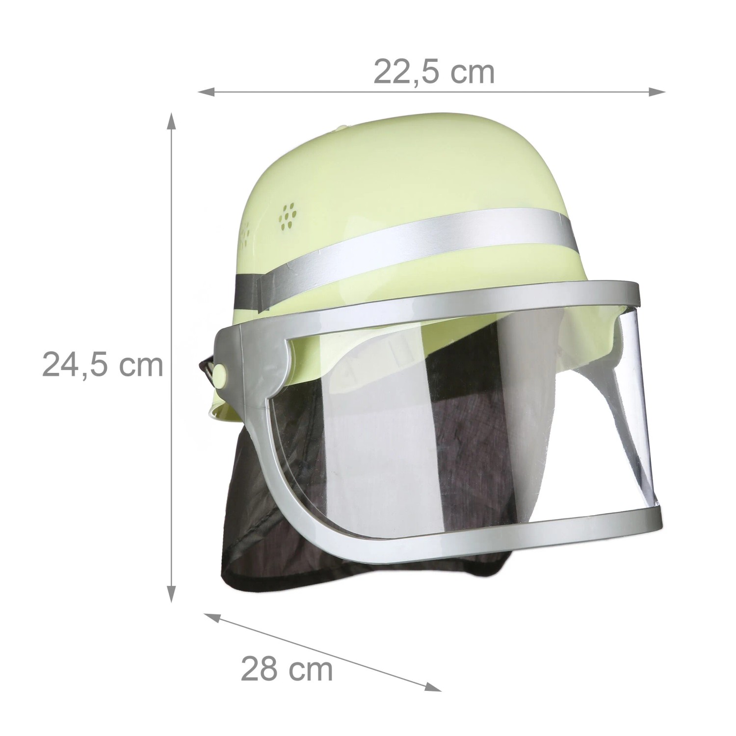 Gelber Kinder-Feuerwehrhelm mit klappbarem Visier und schwarzem Nackentuch. Ideal für Kostüm, Fasching & Spiel.