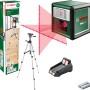 Bosch Quigo Plus Kreuzlinienlaser mit Stativ, projiziert rote Laserlinien mit Markierungen.
