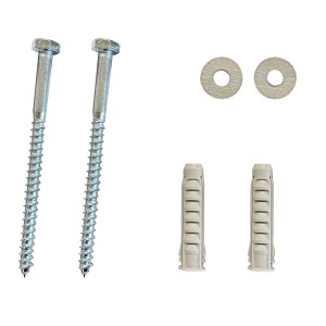 Befestigungsset für UvV Ecopark Radstopper: Schrauben, Dübel und Unterlegscheiben.