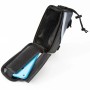 Offene Tectake Fahrradtasche in Schwarz, Grau und Blau mit Handy im Fach.