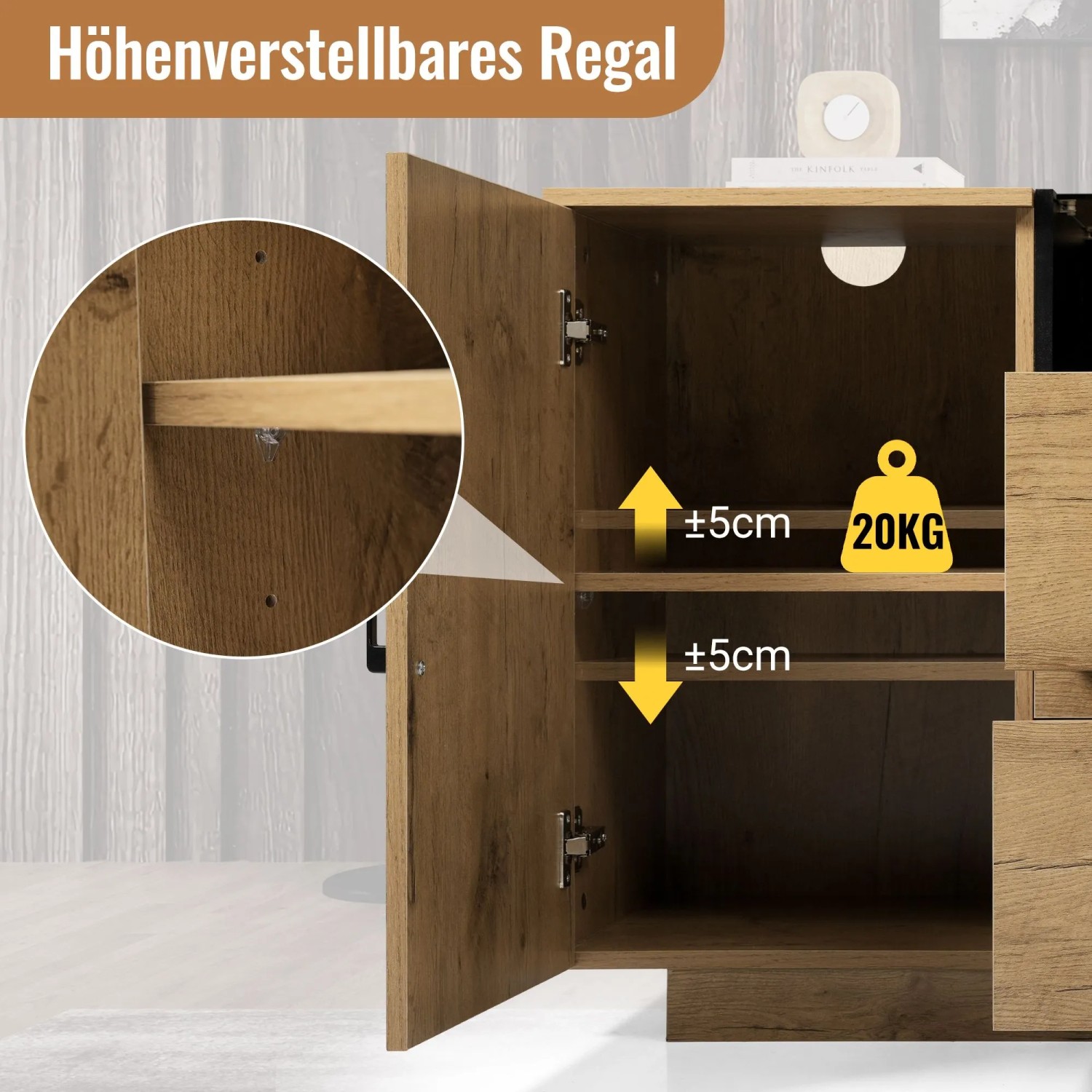 Merax Sideboard Eiche: Höhenverstellbares Regal im Wohnzimmerschrank, 20kg Tragkraft, flexible Einlegeböden.