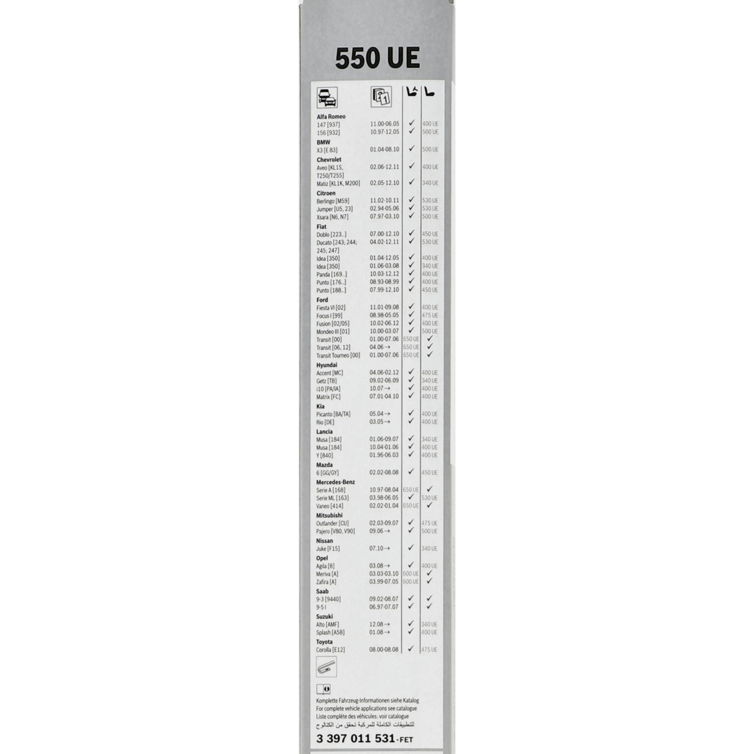 BOSCH Wischblatt ClassicWiper 550UE Verpackung mit Fahrzeugliste.