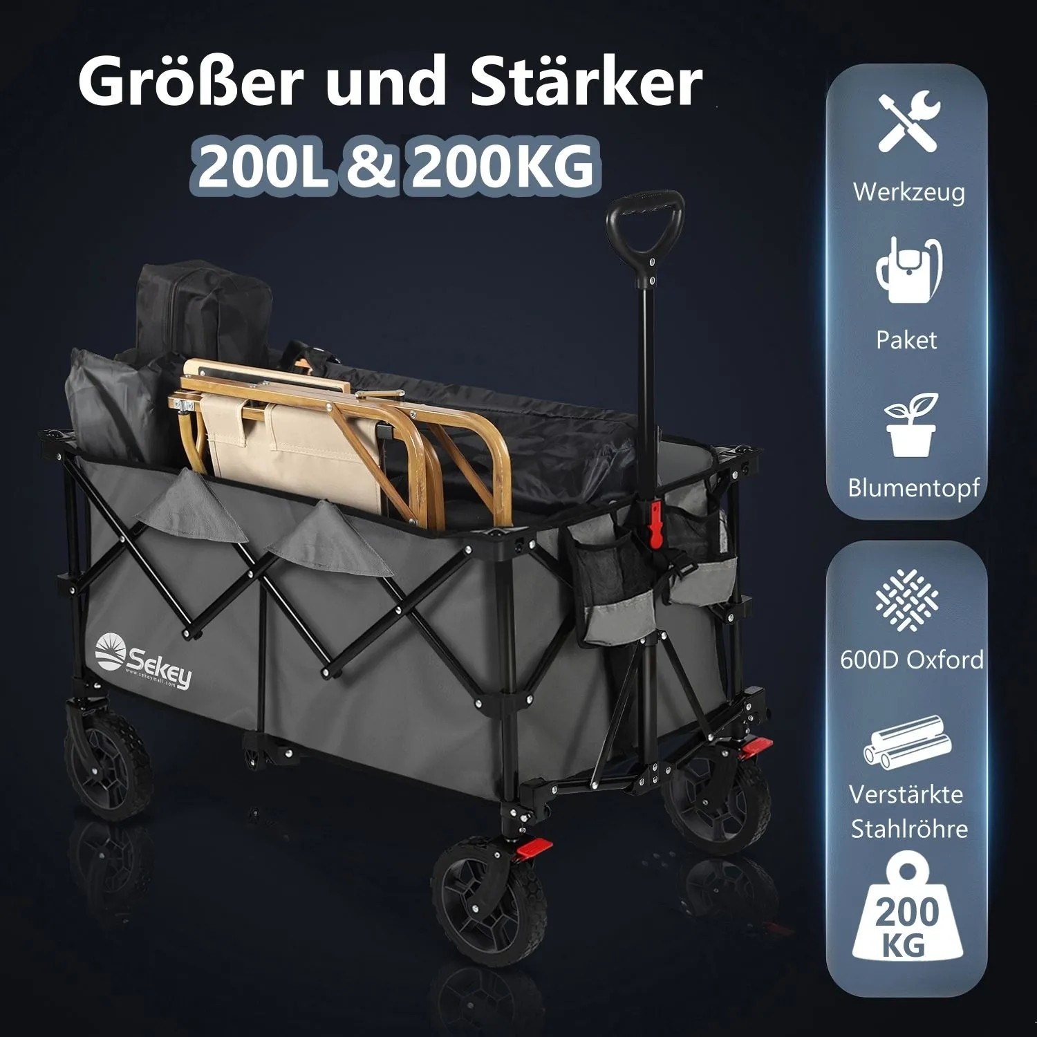 Sekey XXL Bollerwagen, faltbar, anthrazit, 200L. Campingwagen mit Stahlrahmen und Zubehör.