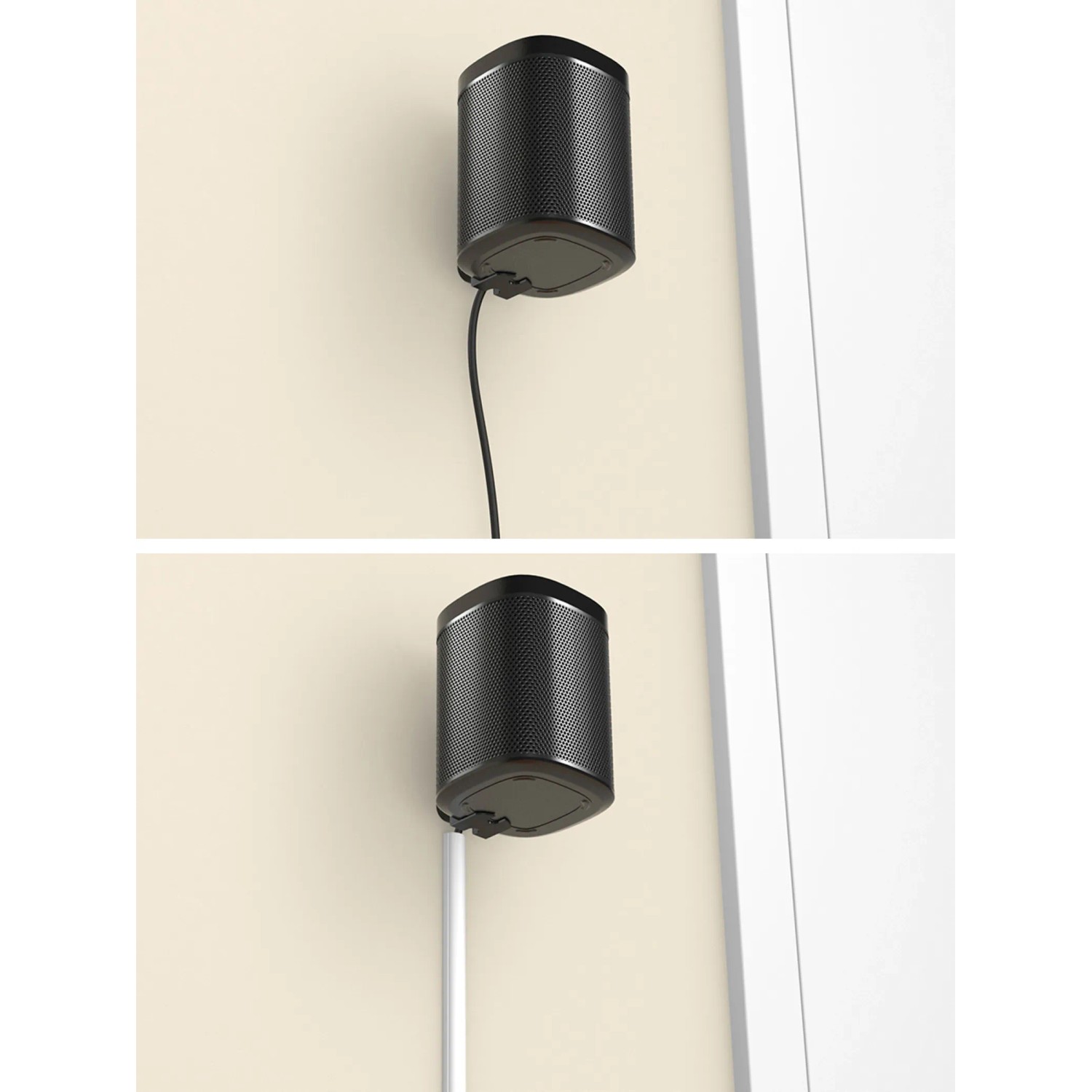 Anwendungsbeispiel: Weißer D-Line Kabelkanal 20x10 mm verdeckt Kabel einer Lautsprecher-Installation.