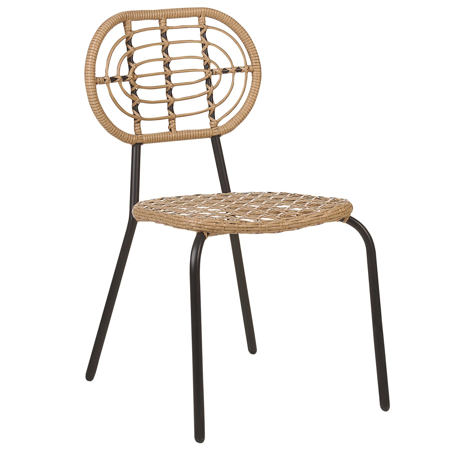 Gartenstuhl, naturfarbenes PE-Rattan, schwarzes Metallgestell, Boho-Stil.