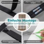 Schwarzes Insektenschutz-Fliegengitter für Türen mit Magnetverschluss, Klettband und Schere. Einfache Montage ohne Bohren.