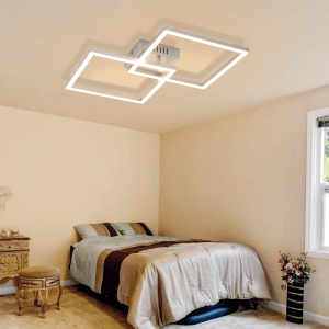 Moderne NETTLIFE LED Deckenleuchte mit zwei schwenkbaren, quadratischen Elementen in Silber, leuchtet warmweiß im Schlafzimmer.