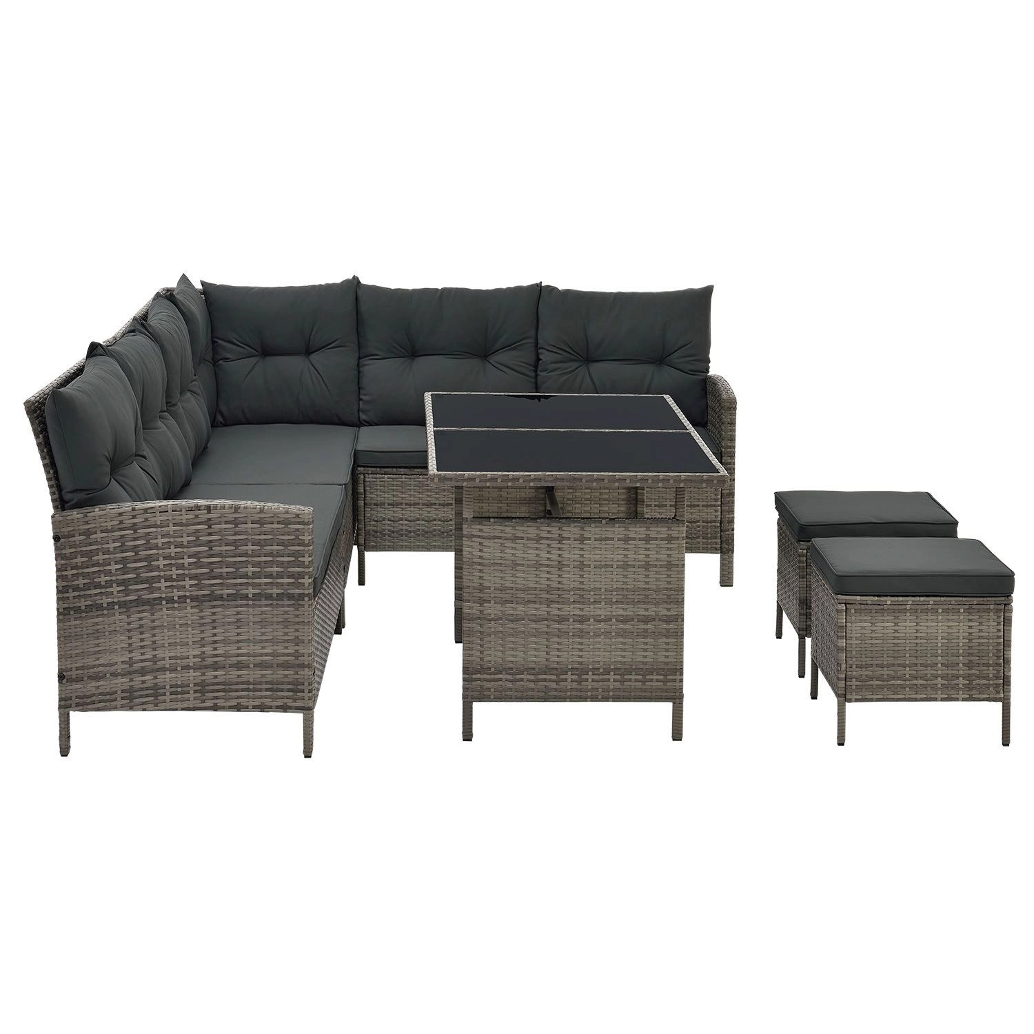 Graue Polyrattan Gartenlounge Manacor mit dunkelgrauen Bezügen, Tisch und Hockern.