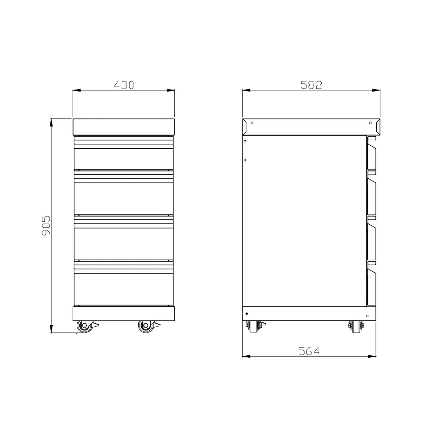 Technische Zeichnung: MyOutdoorKitchen Schubladenmodul Stainless Collection mit Maßen.