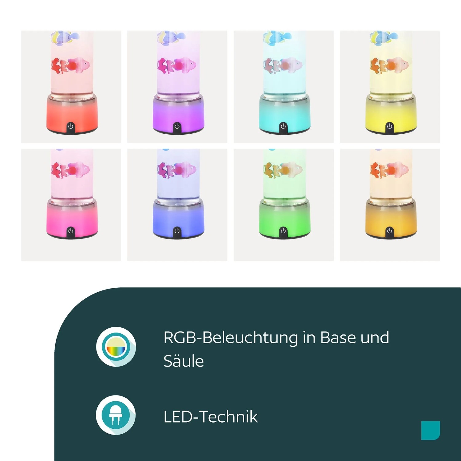 Eglo LED-Lavaleuchte Aqua mit RGB-Farbwechsel, schwebenden Fischen. Silberne Basis, transparente Säule. LED-Tischleuchte.