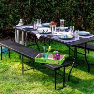 AMANKA Garten Esstisch mit Bänken, 180cm, schwarz, für 8 Personen. Wetterfeste Bierzeltgarnitur im Garten.