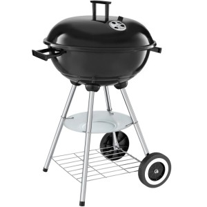 Schwarzer Tectake Kugelgrill mit Rädern, regulierbarer Luftzufuhr und Ablage.
