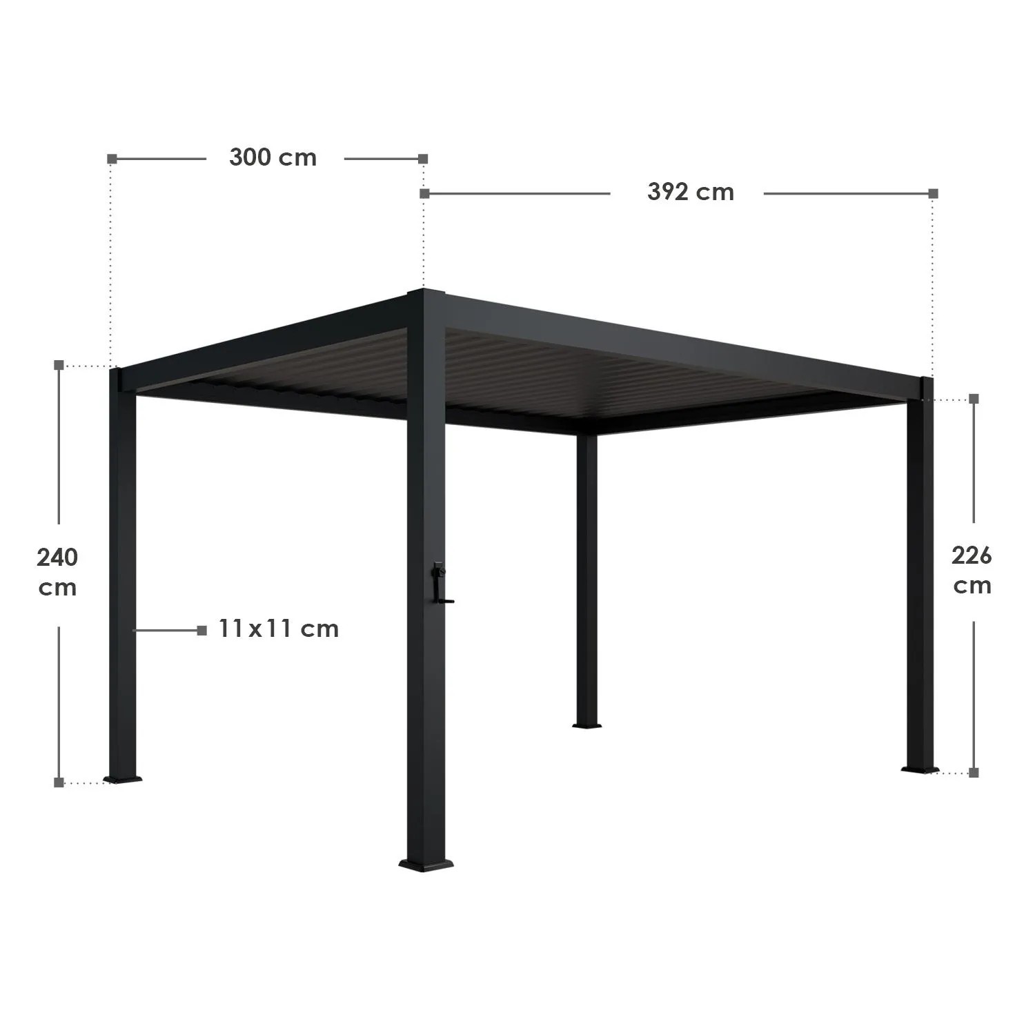 Anthrazitfarbene Juskys Pergola Lamellendach Tahiti 3x4m mit Maßangaben.