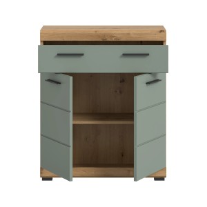Standschrank in Salbei, 74x88x31 cm, mit Schublade und zwei offenen Türen. Badmöbel zur Aufbewahrung.