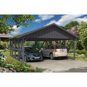 Grauer Skan Holz Carport Schwarzwald mit Dachschalung und Rückwand für zwei Autos.