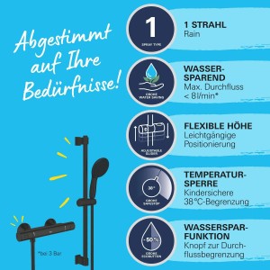 Grohe Precision Start Thermostat-Brausebatterie, 1/2, mit Wassersparfunktionen und Temperaturbegrenzung.