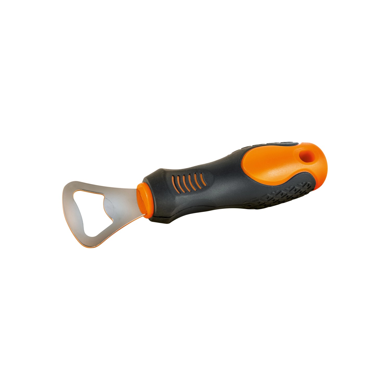 OBI Flaschenöffner mit ergonomischem schwarz-orangem Griff. Robuster Metall-Öffner, praktisches Werkzeug.