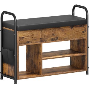 Vasagle Schuhbank in Braun-Schwarz mit gepolsterter Sitzfläche, Schuhregalen und Seitentaschen.