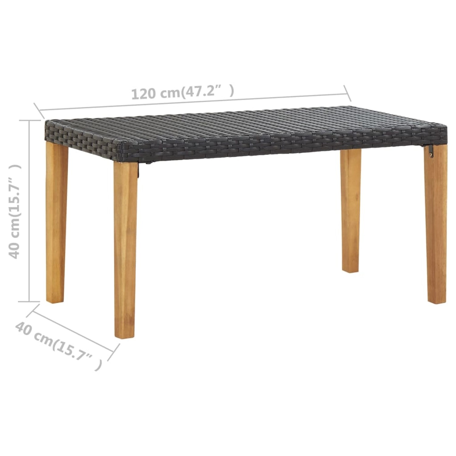 Schwarze VidaXL Gartenbank (120 cm) aus Poly Rattan und Akazienholz für Terrasse und Garten.