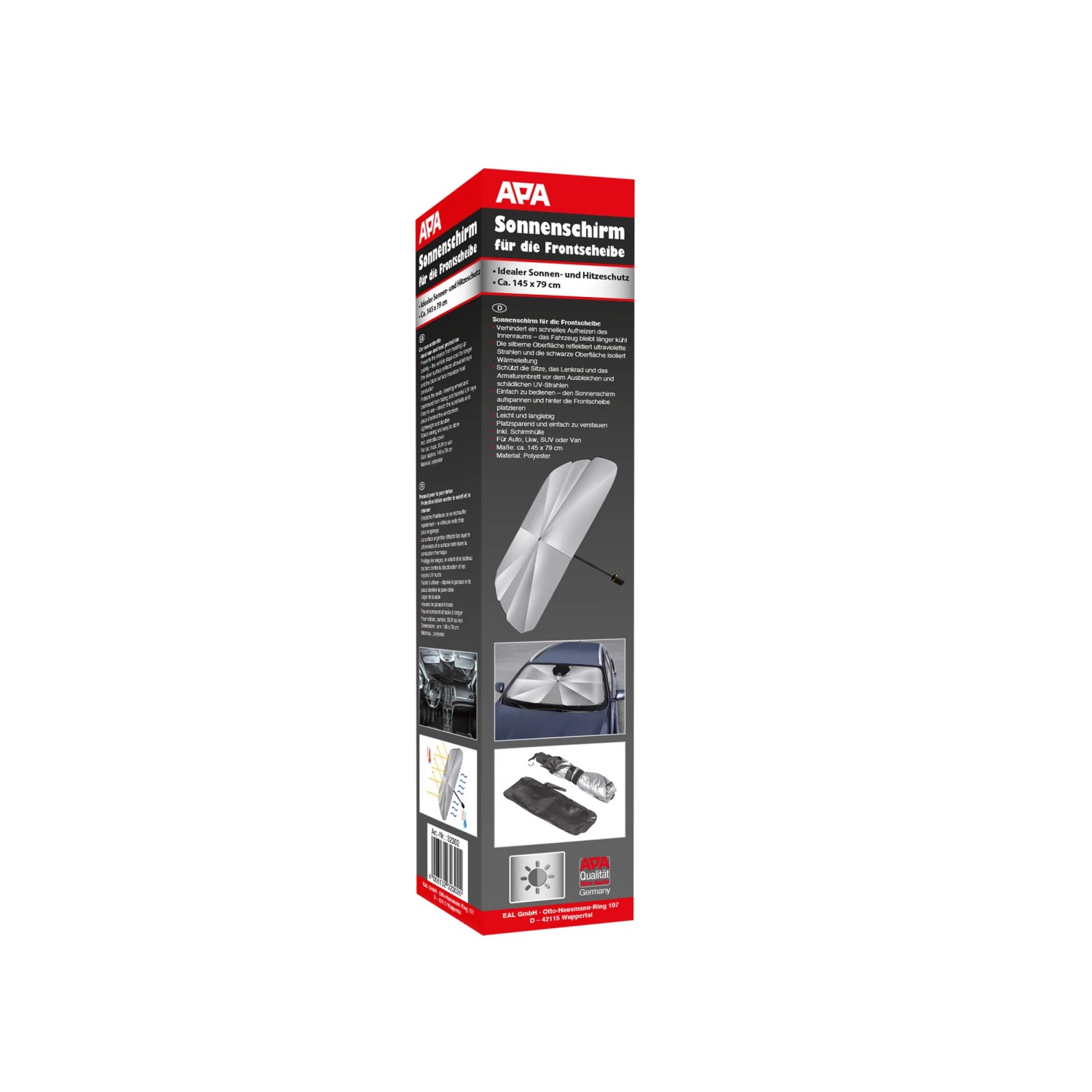 Verpackung des APA Sonnenschirms für die Frontscheibe, silberfarben, zum Hitzeschutz im Auto.