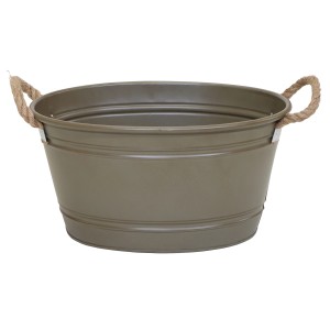 Olivgraue M Collections Zinkwanne Beat Oval Rope, 25x42x64 cm, Pflanzkübel mit Seilgriffen.
