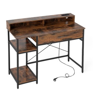 Costway Schreibtisch mit Steckdosen & Schublade & Abnehmbarem Regal Braun