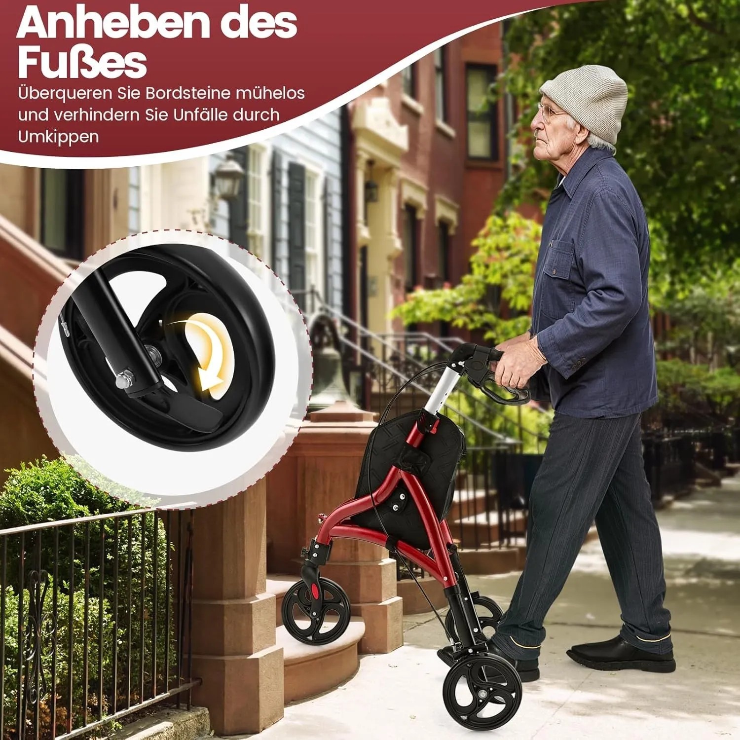 Roter faltbarer Rollator mit Fußheber für Bordsteine, von Senior auf Bürgersteig genutzt. Höhenverstellbare Gehhilfe.