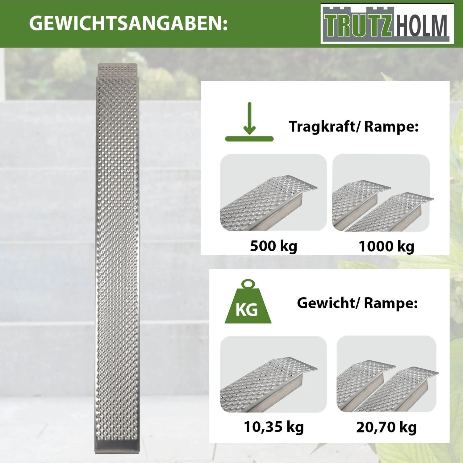 TRUTZHOLM Auffahrrampe aus Aluminium, 250 cm, mit rutschhemmender Oberfläche. Traglast 500 kg, Gewicht 10,35 kg. Für Autoanhänger.