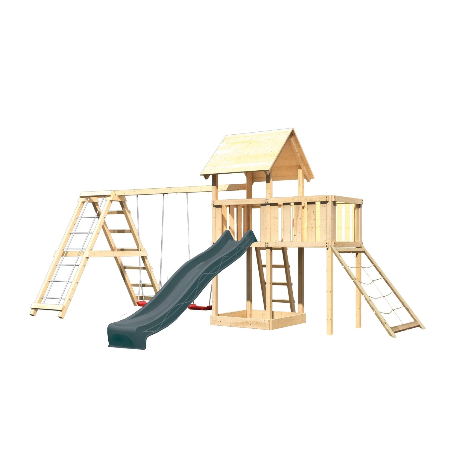 Karibu Spielturm Lotti mit Rutsche Schaukel Gerüst Plattform u. Rampe