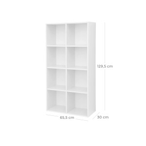 Weißes Vasagle Regal mit 8 Fächern, 30x65,5x129,5 cm, ideal zur Aufbewahrung von Büchern und Deko.