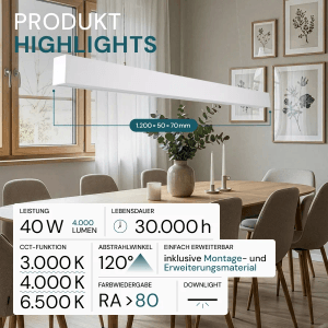 Weiße, erweiterbare LED Pendelleuchte LUXULA 40W über Esstisch. Büroleuchte mit CCT Farbtemperatur.