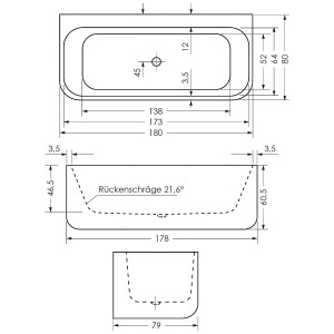 Technische Zeichnung Steinkamp Vorwand-Badewanne 180x80 cm mit Maßen.