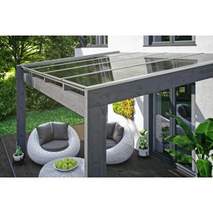 Skan Holz Terrassenüberdachung Novara, 450x309 cm, schiefergrau mit klarer Doppelstegplatte.