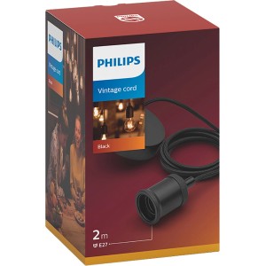 Philips Vintage Schnurpendel, E27 Fassung, schwarz, mit Baldachin. Lampenfassung für Retro-Look.