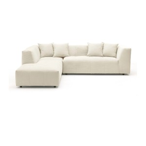 Beiges Ecksofa Naemia aus Feincord, 263 cm, mit linker Ottomane und Kissen.