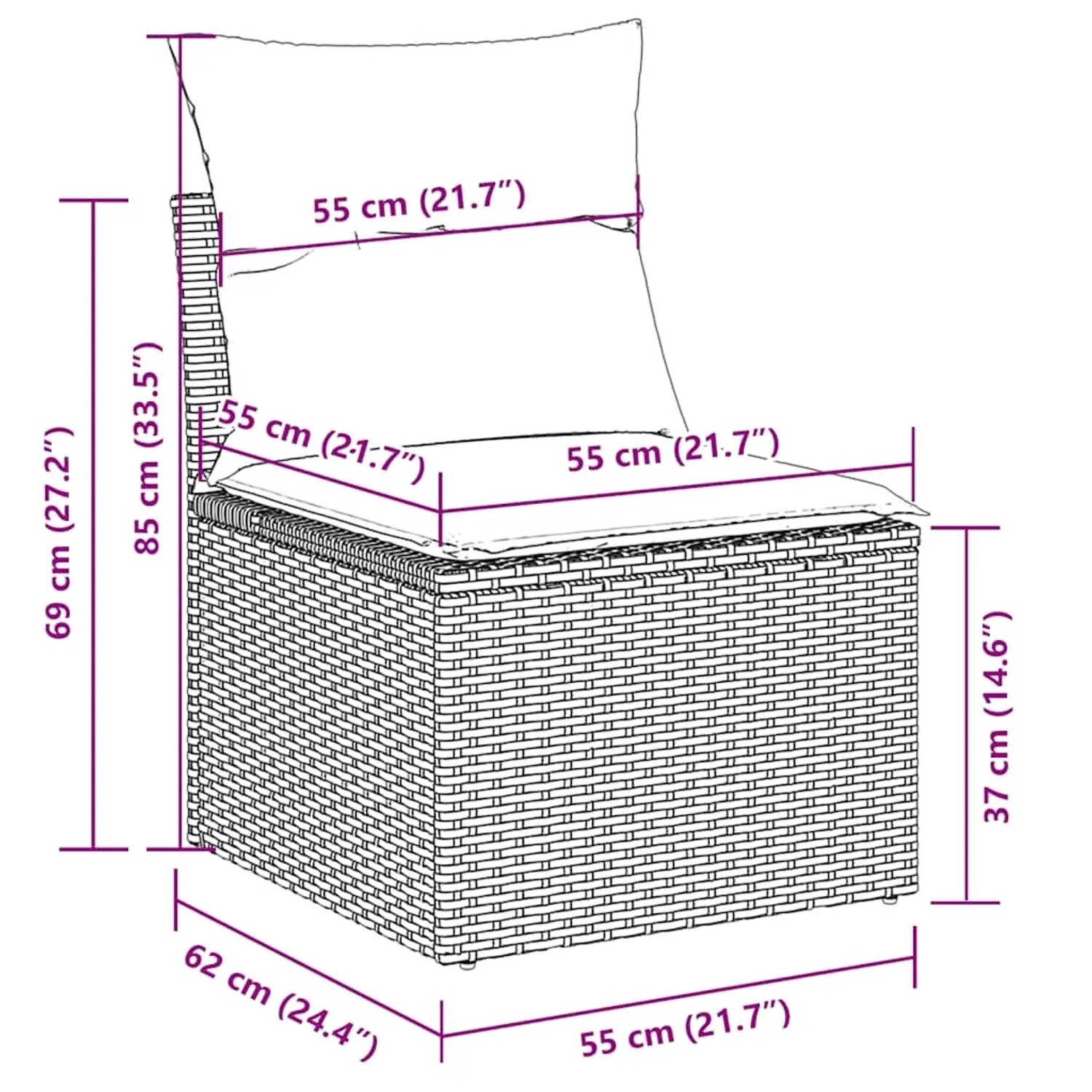 Skizze Gartensofa vidaXL, beige Poly Rattan, Maße: 62x62x69cm, Sitzkissen und Rückenkissen mit Maßangaben.