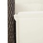 Detailansicht: Bistro-Set, braunes Poly Rattan, cremefarbene Kissen. Gartenmöbel für Balkon und Terrasse.