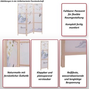 Faltbarer Paravent mit hellem Holzrahmen und 3 weißen Paneelen. Fernöstliches Naturmotiv mit Bäumen, Vögeln und Bergen als Raumteiler.