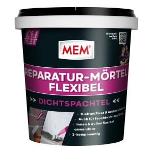 Eimer MEM Reparatur-Mörtel flexibel 1 kg, geeignet zum Abdichten von Rissen im Innen- und Außenbereich.
