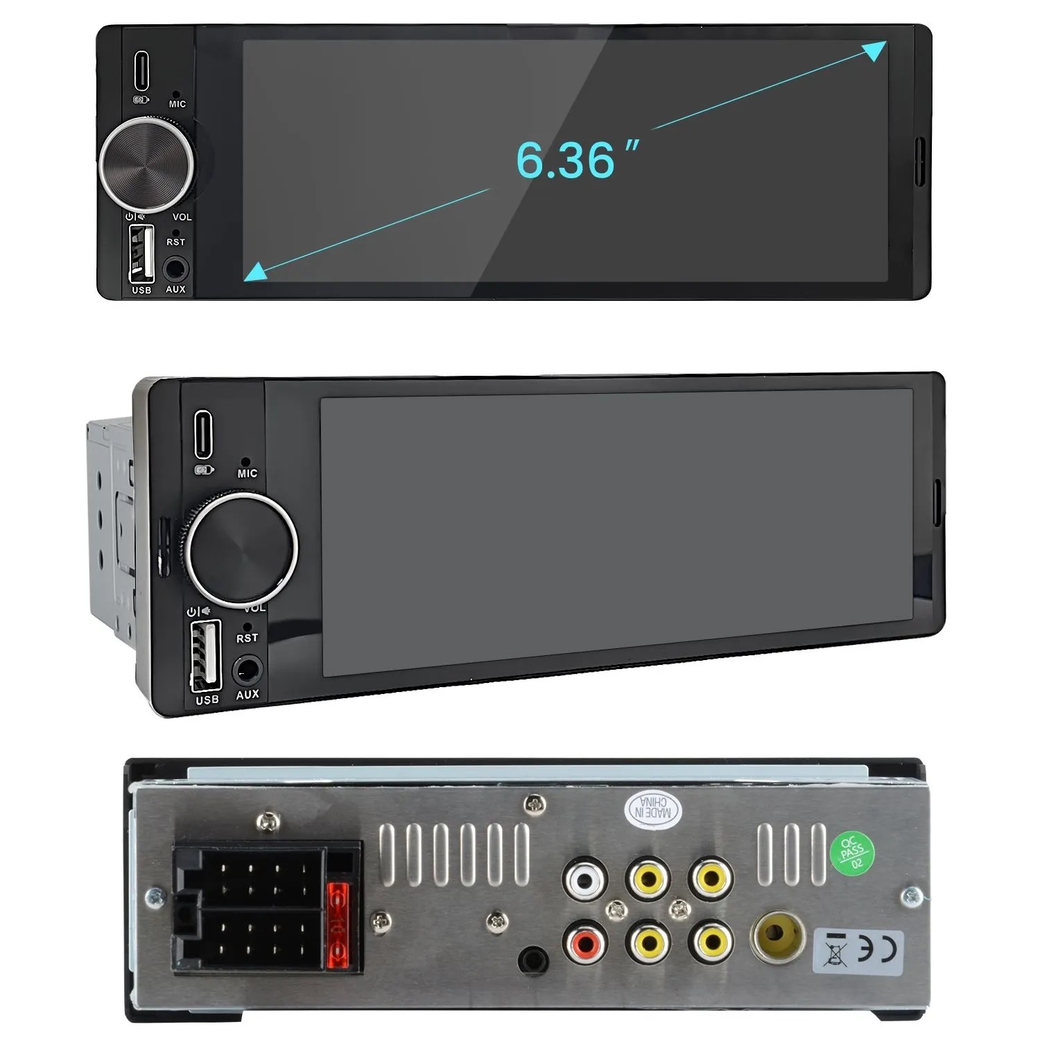 Schwarzes 1 DIN Autoradio mit 6.3 Zoll IPS Touchscreen, USB, AUX und Anschlüssen für CarPlay, Android Auto, Bluetooth.