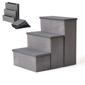 Graue faltbare Hundetreppe mit 3 Stufen aus MDF/Polyester. Bietet Stauraum und Aufstiegshilfe für Haustiere.