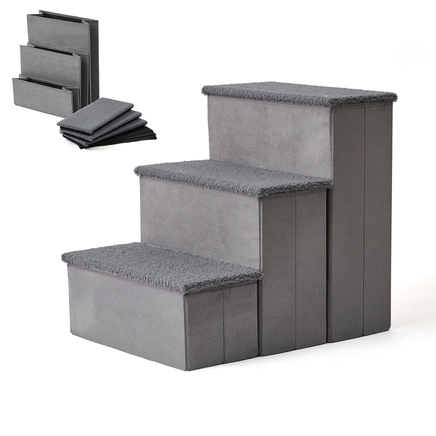Relaxdays Hundetreppe MDF Polyester Grau Faltbar mit Stauraum 48 cm x 40 cm x 54 cm