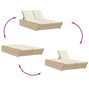 Doppel-Sonnenliege aus Poly Rattan beige mit verstellbarer Rückenlehne und cremeweißen Auflagen.