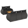 Schwarze 6-tlg. Garten-Sofagarnitur aus Poly Rattan mit Tisch und Kissen.