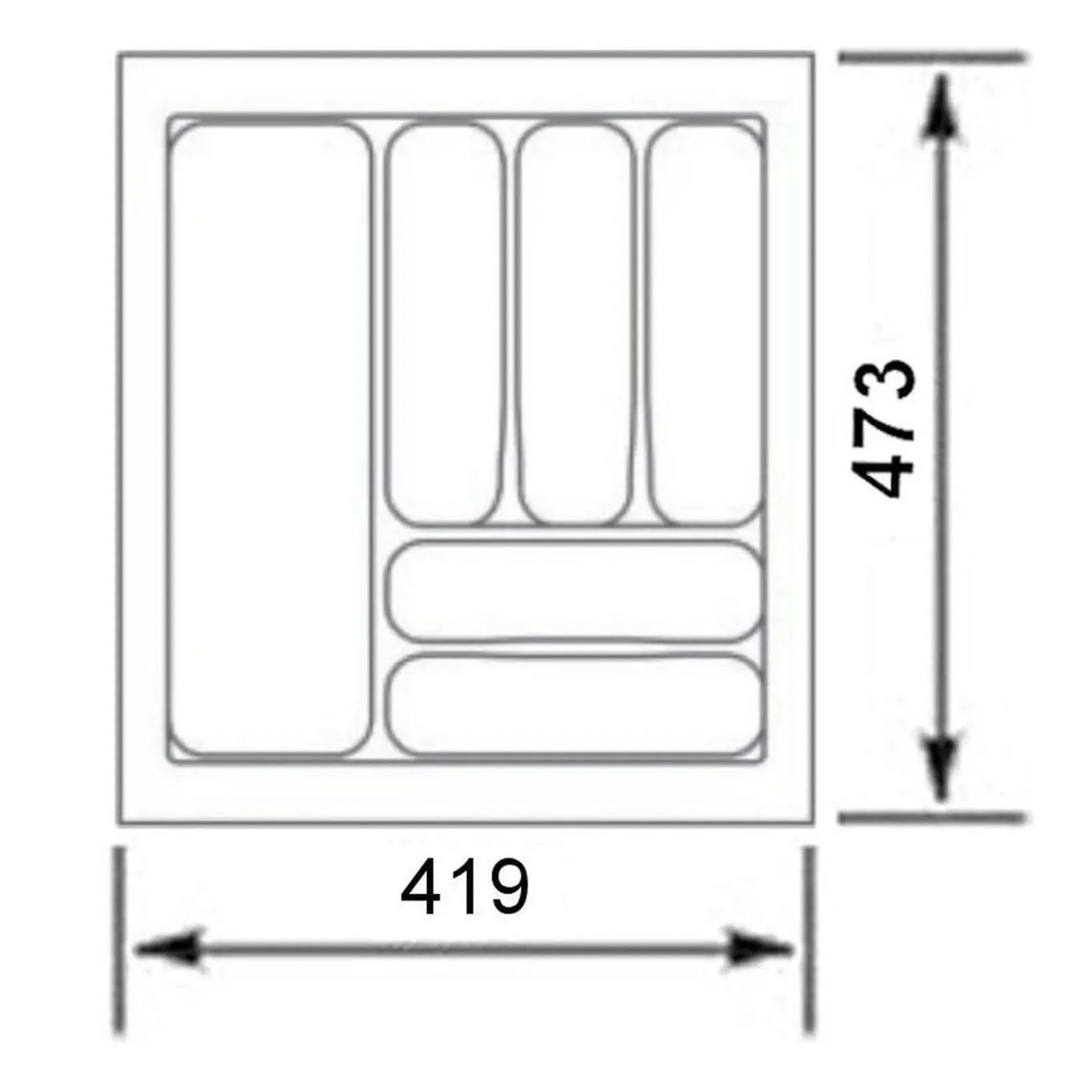 SOTECH Orga-Box I Besteckeinsatz, technische Skizze mit Fachaufteilung und Maßen 419x473 mm für Schubladen.