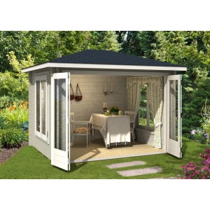 Carlsson Gartenhaus Summertime-40 mit Walmdach, unbehandelt, mit geöffneten Türen und Gartenszene.