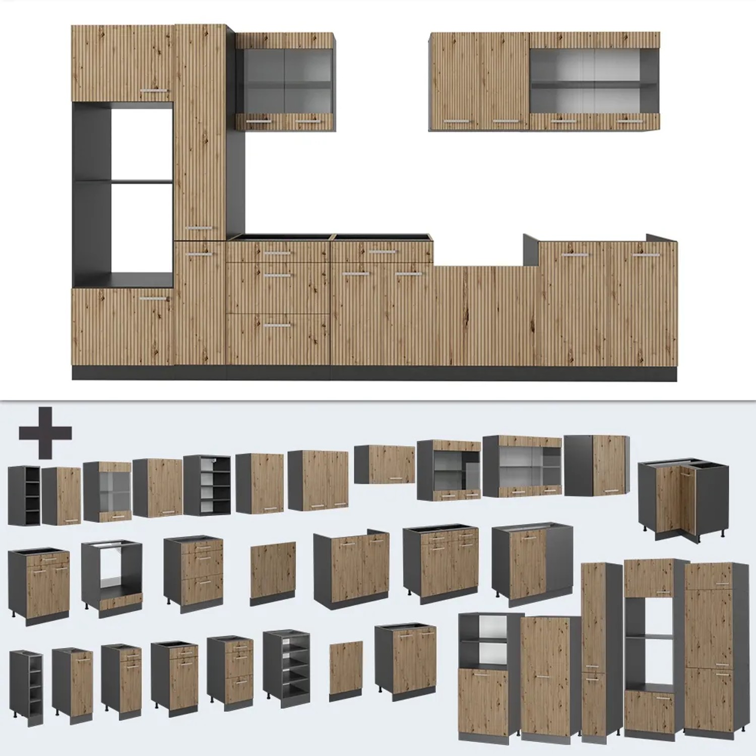 Vicco R-Line Küche 350cm in Artisan Eiche/Anthrazit mit Hochschrank und optionalen Modulen.