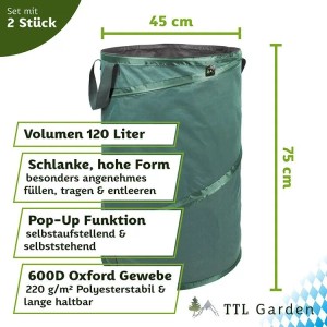 TTL GARDEN Pop Up Laubsack PREMIUM 120 L 2er Set – Gartensack Grün 220 g/qm Selbststehend
