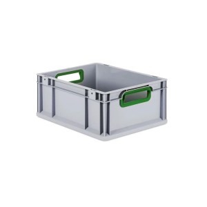 Graue PROREGAL Eurobox mit grünen Griffen, 17x30x40 cm, als Aufbewahrungsbox.