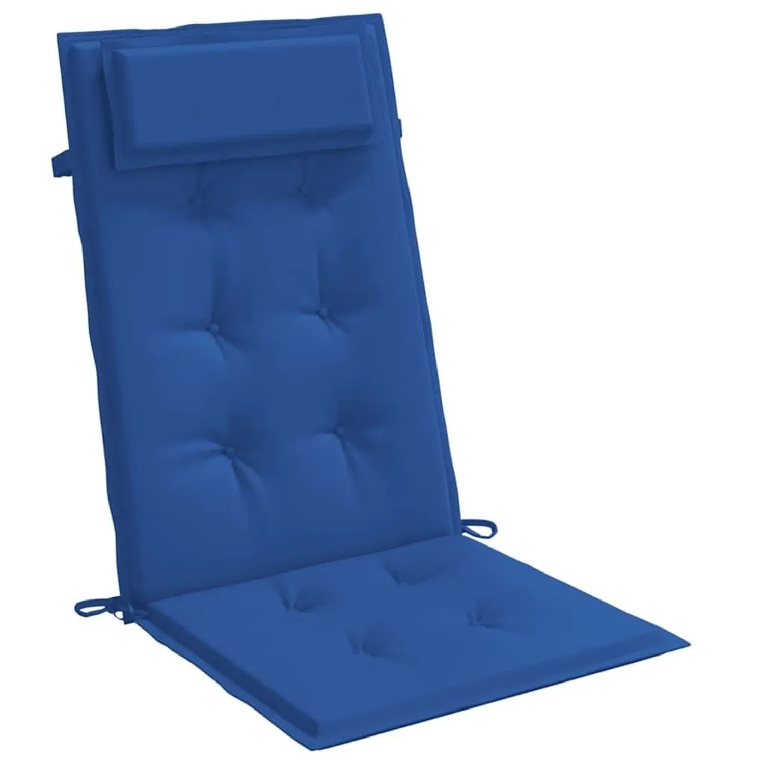 Königsblaue Hochlehner-Auflage aus Oxford-Gewebe mit Kopfpolster und Steppung für Gartenstühle.